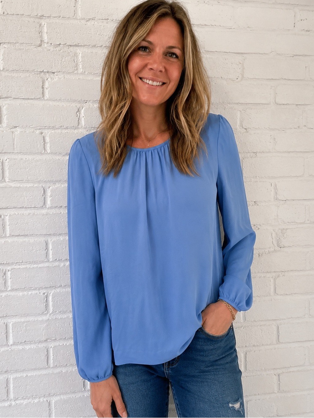 J.Crew Blue Long Sleeve Gathered Neck Blouse Size 6 Lightweight Career Top
